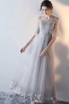 Elegant Gray Tulle A-Line Short Sleeves Lace Prom Dresses Evening Dress - £126.00 GBP