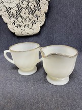 Vtg Anchor Hocking Fire King Cream And Sugar Bowl Milk Glass Swirl Gold Trim - £5.45 GBP