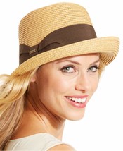 Nine West Women&#39;s Packable Upbrim Fedora Straw Hat, Natural &amp; Black - £30.67 GBP