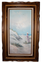 Vintage Signed &quot;L Keswick” Oil Painting Canvas Beach Scene Wood Frame 32” X 19&quot; - £79.64 GBP