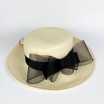 NOS Vintage Banash Brimmed Ivory Wool Audrey Hepburn Sun Hat Black Bow Boston - £38.85 GBP