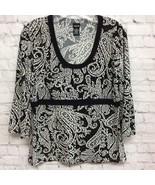 Rafaella Womens Blouse Black Beige Paisley 3/4 Sleeve Scoop Neck Stretch M - £4.26 GBP