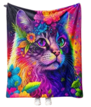 Cat Rainbow Flannel Blanket Colorful Flowers Kitten Kitty Plush Cozy Sof... - $29.69
