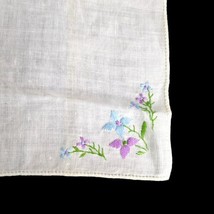 VTG Hanky Handkerchief Off White w Blue Purple Embroidered Flowers 10” Wedding - $9.85