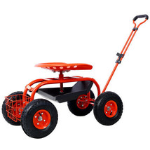 Rolling Garden Cart Scooter with 360° Seat, Adjustable Height, Tool Tray, Red - $119.68