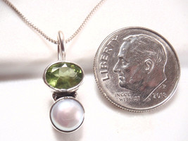 Very Tiny Cultured Pearl and Peridot 925 Sterling Silver Necklace - £9.39 GBP