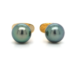 14k Yellow Gold Cufflinks with 9mm Tahitian Black Peacock Pearls (#J6426) - £1,361.14 GBP