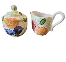 Creamer and Sugar Bowl with Lid Floral and Checked 3 Pieces - £25.40 GBP