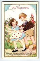 Valentine Postcard Boy And Girl Outside Flowers V-213 Embossed Vintage 1922 - £5.99 GBP