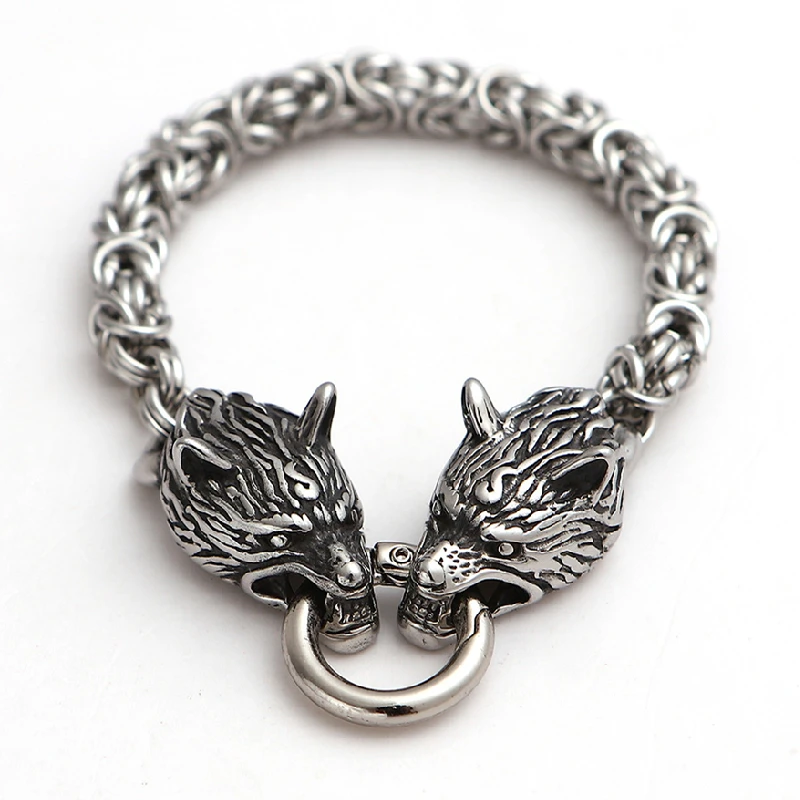 Never Fade Nordic Punk Viking Wolf Charm Bracelet Men Stainless Steel Chain Wris - £25.89 GBP