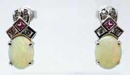 14k Gold Genuine Natural Opal Post Earrings w/ Pink Sapphire &amp; Diamonds ... - £329.91 GBP