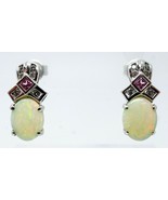 14k Gold Genuine Natural Opal Post Earrings w/ Pink Sapphire &amp; Diamonds ... - £330.54 GBP