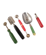 5 Antique Kitchen Tools Red and Green Wood Handles 1 Early Plastic - $14.99
