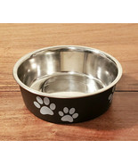 Stainless Steel Black &amp; Gray Kitty Cat Paw Design Water Food Bowl - £3.87 GBP