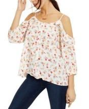 $34 Hippie Rose Juniors&#39; Printed Button-Trimmed Off-The-Shoulder Top White Small - £7.03 GBP