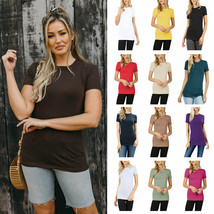 Womens Basic Solid Cotton Short Sleeve Crew Neck Long T-Shirt Top - £10.31 GBP+