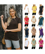 Womens Basic Solid Cotton Short Sleeve Crew Neck Long T-Shirt Top - $20.51 CAD
