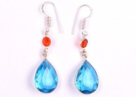 925 Argent Sterling Bleu Gemme Topaze Fait à la Main Pendantes Oreilles Cadeau - £35.62 GBP+