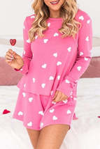 Pink Valentine Heart Print Long Sleeve Top and Shorts Pajama Set - $35.66