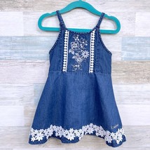 Bebe Girls Chambray Floral Lace Fit &amp; Flare Dress Blue Cotton Casual Tod... - $14.84