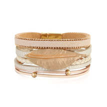 Coffee Polystyrene &amp; 18K Gold-Plated Bead Line Leaf-Charm Layered Bangle - £11.57 GBP