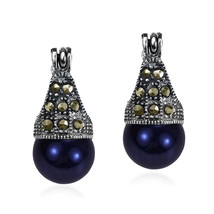 Vintage Flair Marcasite and Created Black Pearl .925 Silver 8mm Earrings - £15.02 GBP