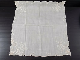 Vintage WHITE COTTON HANDKERCHIEF Embroidered Floral Design, Edges 10 1/... - $4.15