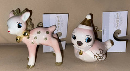 Retro Ceramic Pink &amp; Gold Reindeer &amp; Bird Nostalgic Christmas Ornaments New - £18.31 GBP