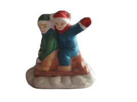 Christmas Village Figurine Boys Sled Green Blue Waving Child Kid Snow Fun 2.4&quot; - £7.53 GBP