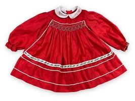 Vtg Polly Flinders Baby Girl’s Red Embroidered Hand Smocked Dress Ribbon 24 Mo - £18.60 GBP