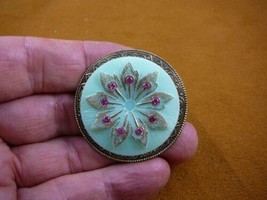 z30-15) Mint Green flower pink rhinestone Czech glass button brass brooch pin - £25.39 GBP