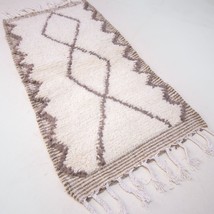 White Brown Moroccan Rug Small Wool Shag Beni Rug, Handmade Beige Bath Mat 2x4 - £123.82 GBP