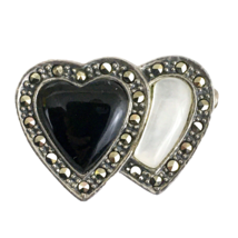 MT onyx mother of pearl marcasite sterling silver brooch - vtg b/w double heart - $23.00