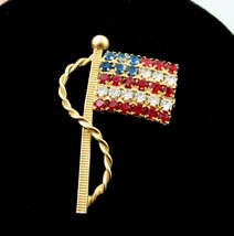 American Flag Pin Rhinestone Brooch Vintage Tie Tack Goldtone 5/8&quot; Usa Pinback - £14.79 GBP