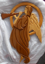 ANGEL Wings &amp; Horn Hand-Crafted Wood Holiday Ready To Hang 21 x 16&quot; - £15.85 GBP