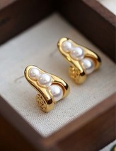 18K Gold Pearl Scroll Stud Earrings - contemporary, statement, gift for her - $38.04