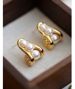 18K Gold Pearl Scroll Stud Earrings - contemporary, statement, gift for her - £30.08 GBP
