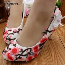 Pink Plum Blossom White Wedding Shoes 8Cm High Heels Platform Ladies Shoes Pump  - £56.52 GBP