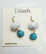 Dillard&#39;s Gold Tone French Wire Earrings White Crackle &amp; Turquoise Stones - £10.64 GBP