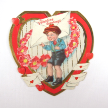 Vintage Valentine Card Die cut Boy Hat Red Rose Flowers Hearts Red Gold ... - $7.99