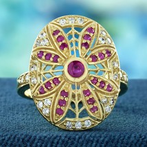 Solid 14K Yellow Gold Natural Ruby Diamond Vintage Style Floral Cocktail Ring - £1,547.33 GBP