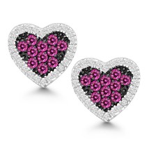 Sterling Silver Clear and Pink CZ Black Rhodium Heart Earrings - £44.33 GBP