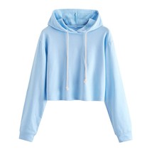 Solid Color Crop Top Women Sweatshirts Long Sleeve Casual Hooded Drawstring Hood - £55.38 GBP