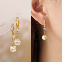 Gold Pave Hoop Dangle Pearl Earrings Pearl Drop Earrings Wedding Pearl J... - $13.00