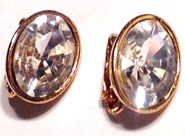 Vintage Oval Clear Crystal Faceted Stone Gold Tone Elegant Clip Earrings  - £11.07 GBP