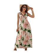 Mondxflaur Flowers Pink Summer Dresses for Women V-neck Sleeveless Long ... - $49.37 CAD+