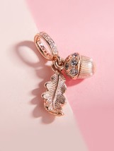 Autumn Release Rose Gold Acorn &amp; Leaf Dangle Charm With Clear CZ Pendant... - $16.60