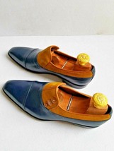 New Handmade Men&#39;s Genuine Blue Leather &amp; Camel Suede Button Toe Cap Slip On Sho - £112.46 GBP