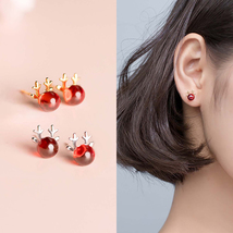Red Garnet Cute Reindeer Stud Earrings for Women Girls Dainty Holiday Earrings - £7.96 GBP