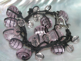 Estate Black Cord with Black Striped &amp; Plan Light Pink Fused Glass Dangl... - £6.00 GBP